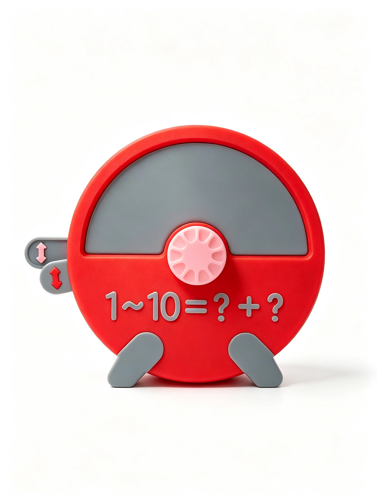 3D-printed number bonds dial with blank grey window and two pink arrow sliders at the side