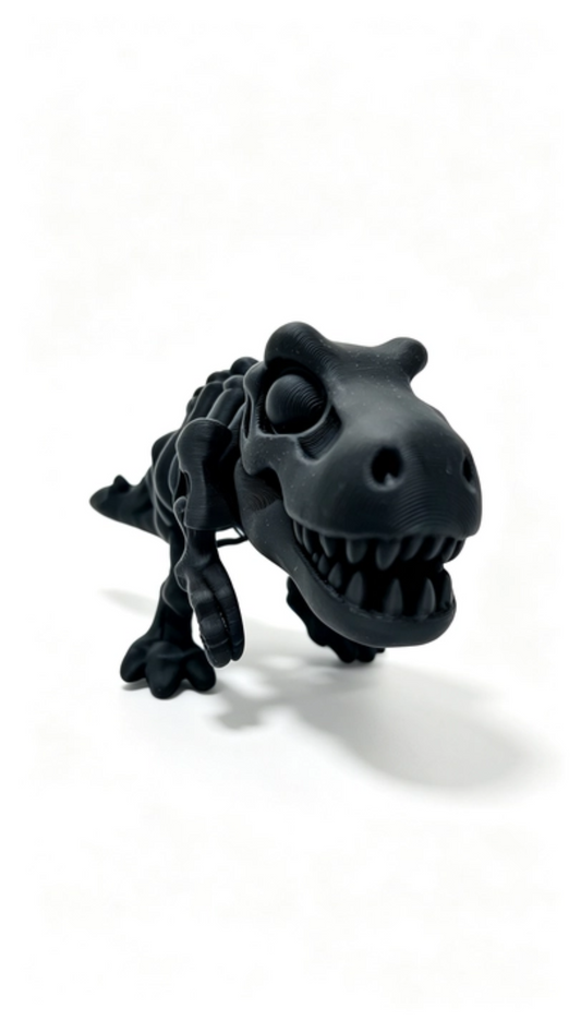 Close-up of the T-Rex skull head-on, black 3D-printed bones and open toothy jaws