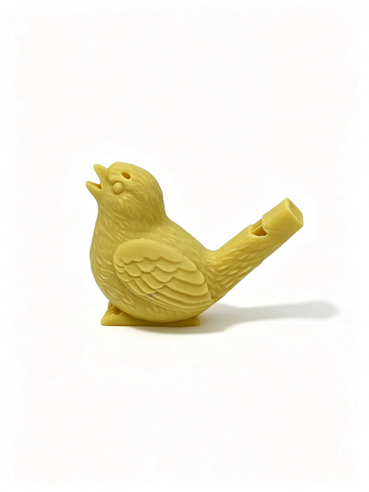 Yellow 3D-printed bird whistle side-on facing left, with moulded wing feathers and tail tube