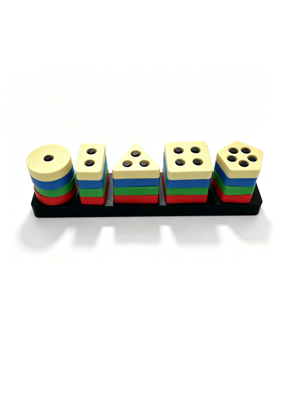 3D-printed counting stacks seen head-on: circle, rectangle, triangle, square and five-dot pentagon