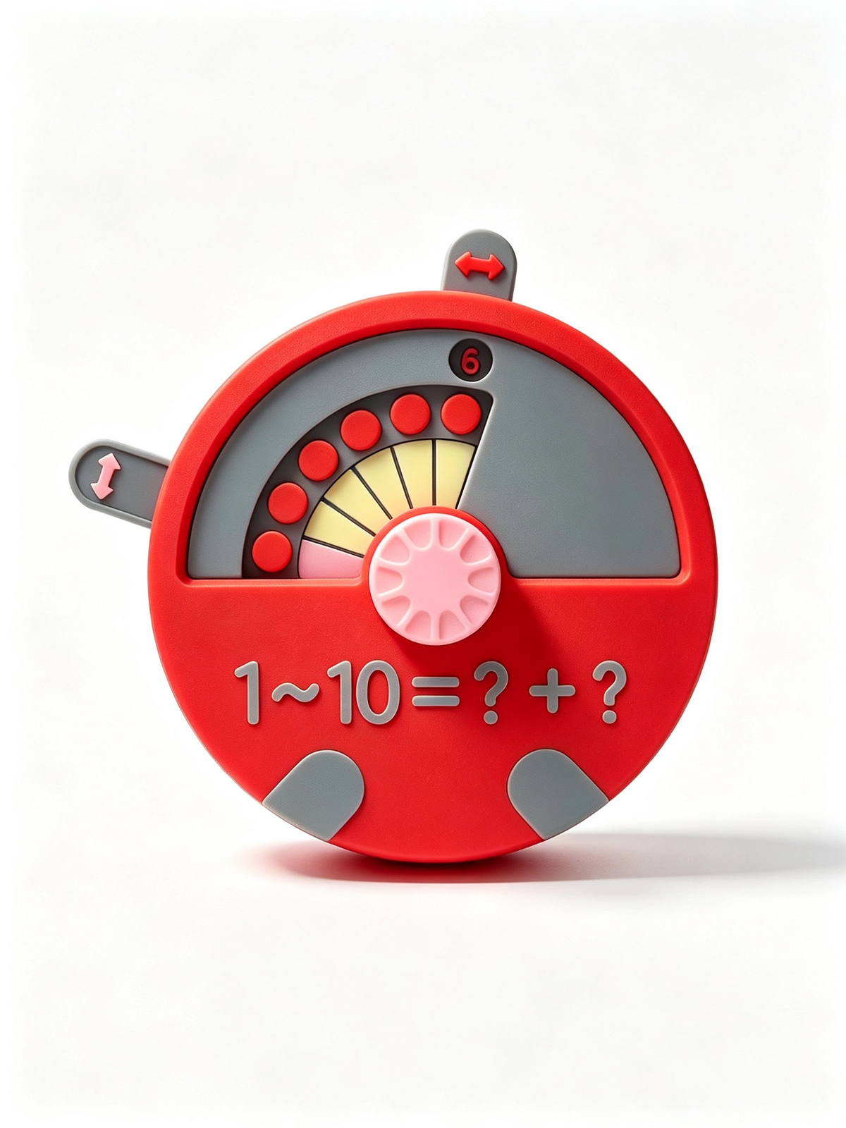Number bonds dial tilted upright, red body with pink turning knob and grey slider arrows