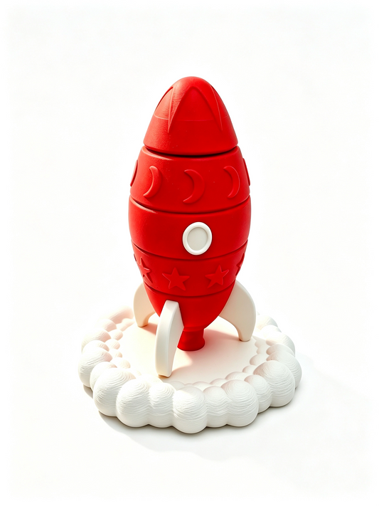 Red 3D-printed rocket fully stacked on a white cloud-shaped base with white fins