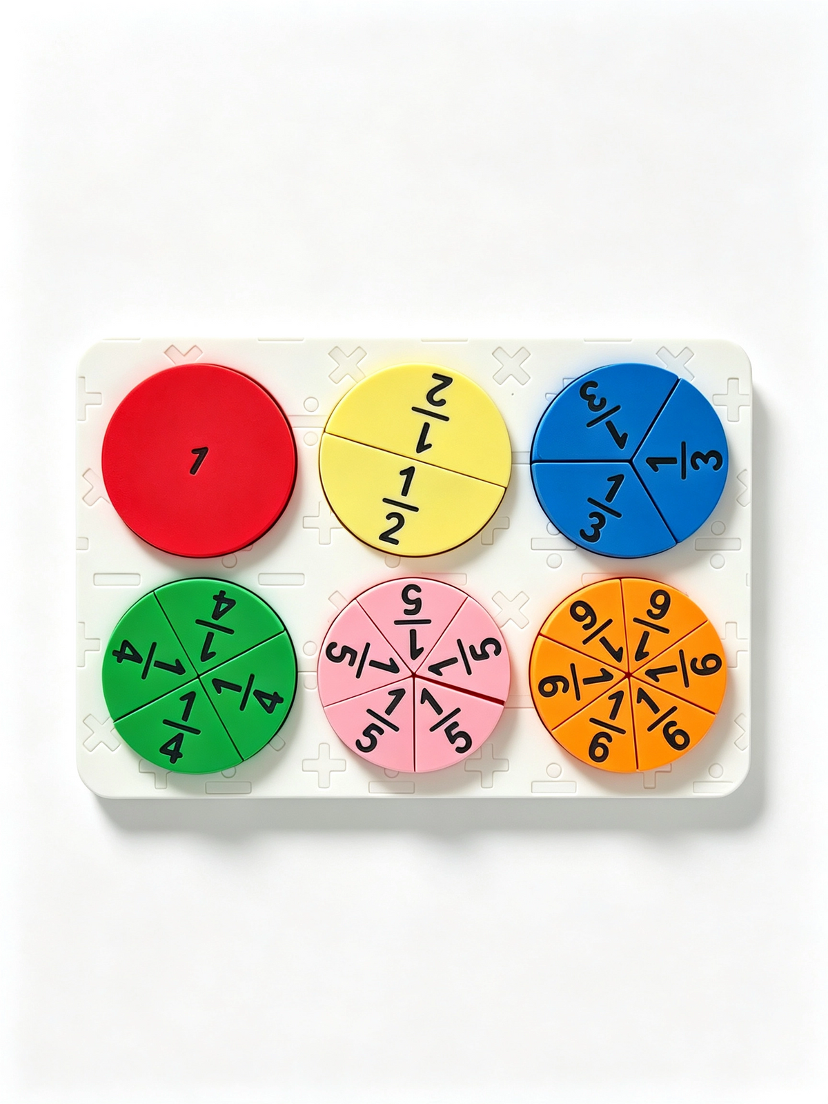 Fraction puzzle tray laid landscape, six colour-coded discs showing a whole through to sixths