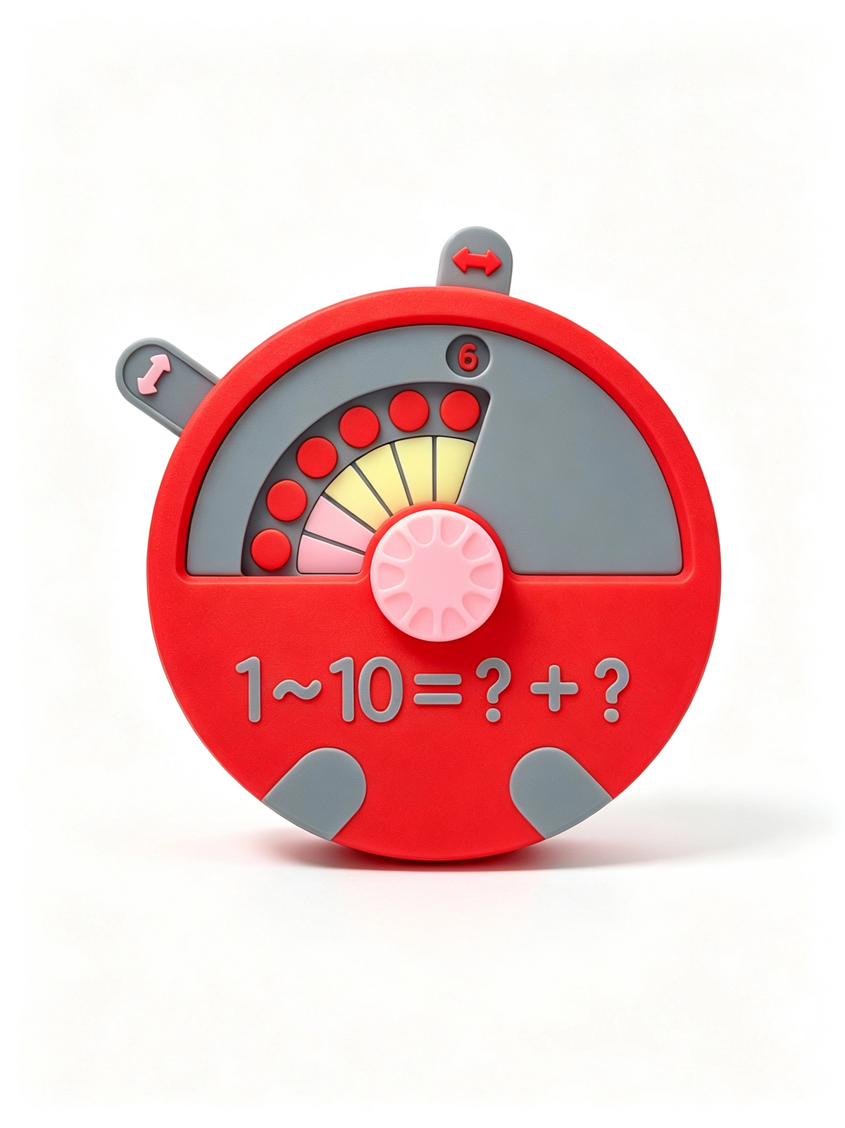 Red 3D-printed number bonds dial, grey window revealing six red counters and yellow wedges