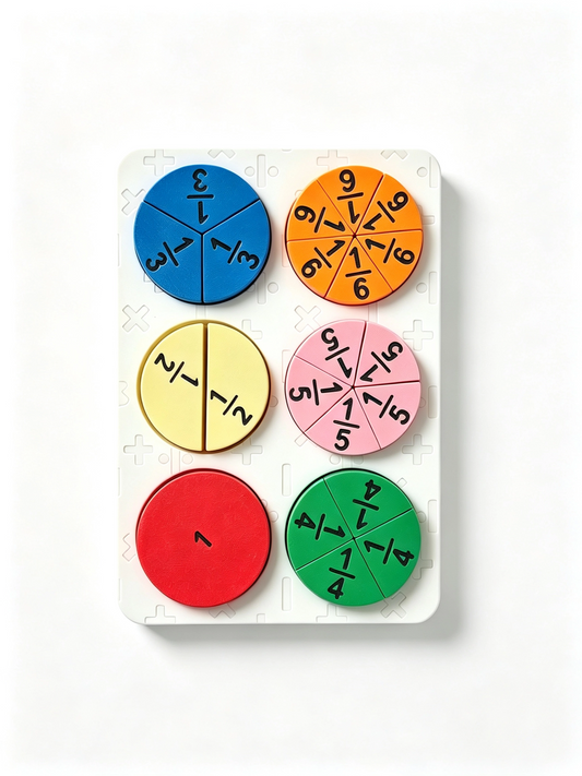 3D-printed fraction tray, all six coloured discs seated: whole, halves, thirds, quarters, fifths, sixths