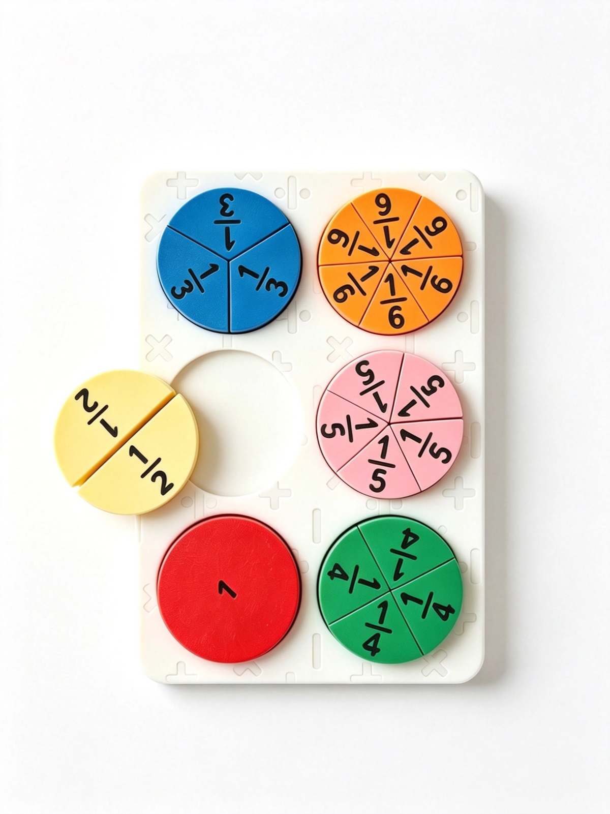 3D-printed fraction tray with the yellow half discs lifted out, leaving an empty white well