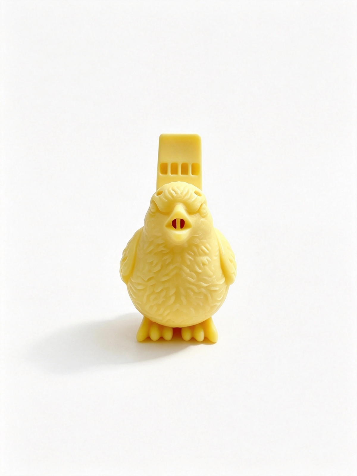 Yellow bird whistle head-on, open beak and whistle mouthpiece rising behind its head