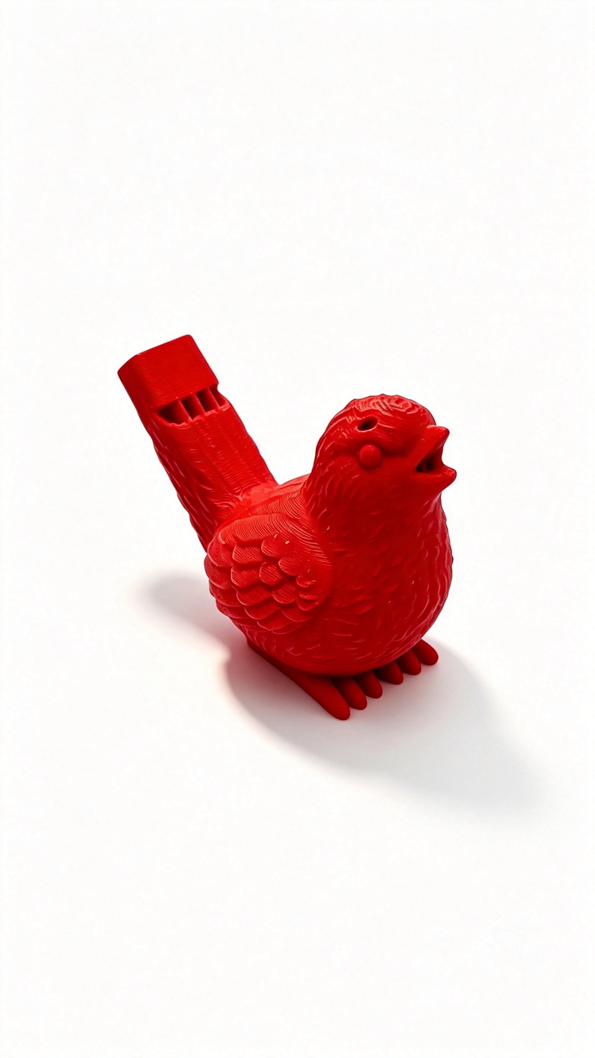 Red 3D-printed bird water whistle tilted, whistle tube raised to the left, beak open