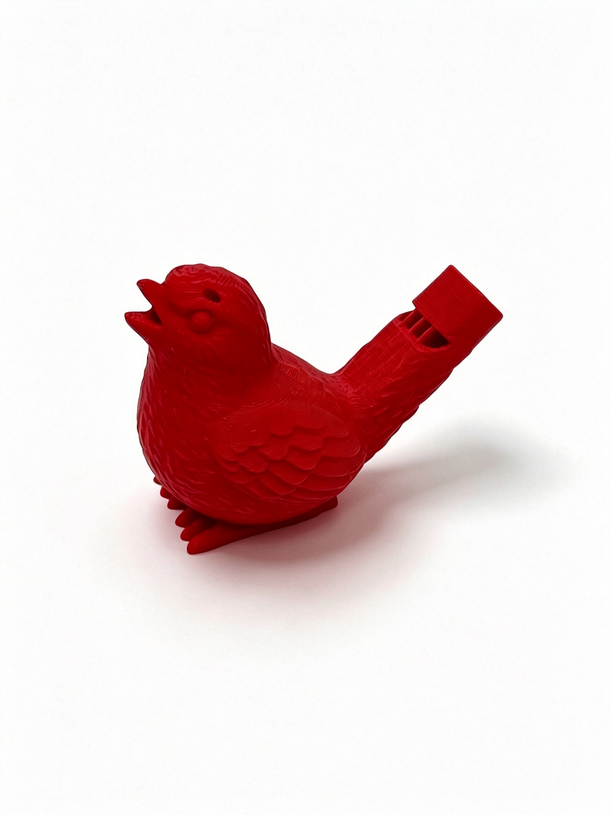 Red bird whistle side-on facing left, whistle tube angled up behind its tail