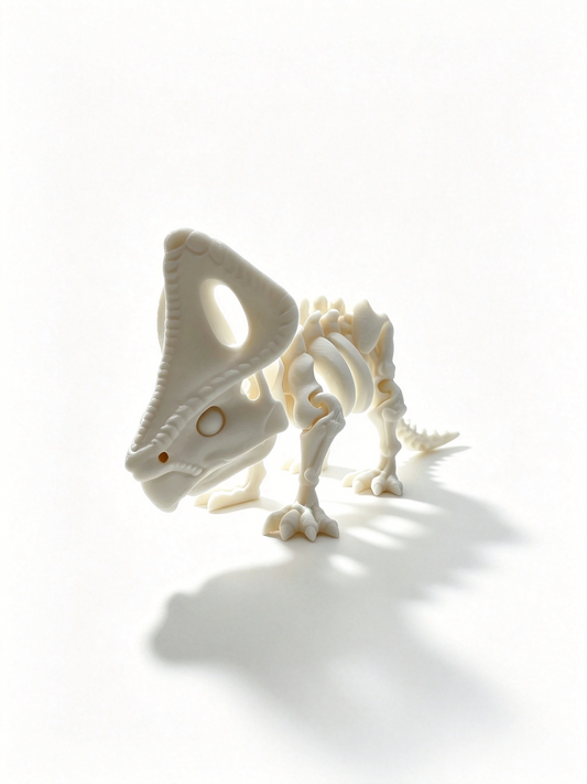 Cream 3D-printed articulated triceratops skeleton at an angle, broad frill facing the camera
