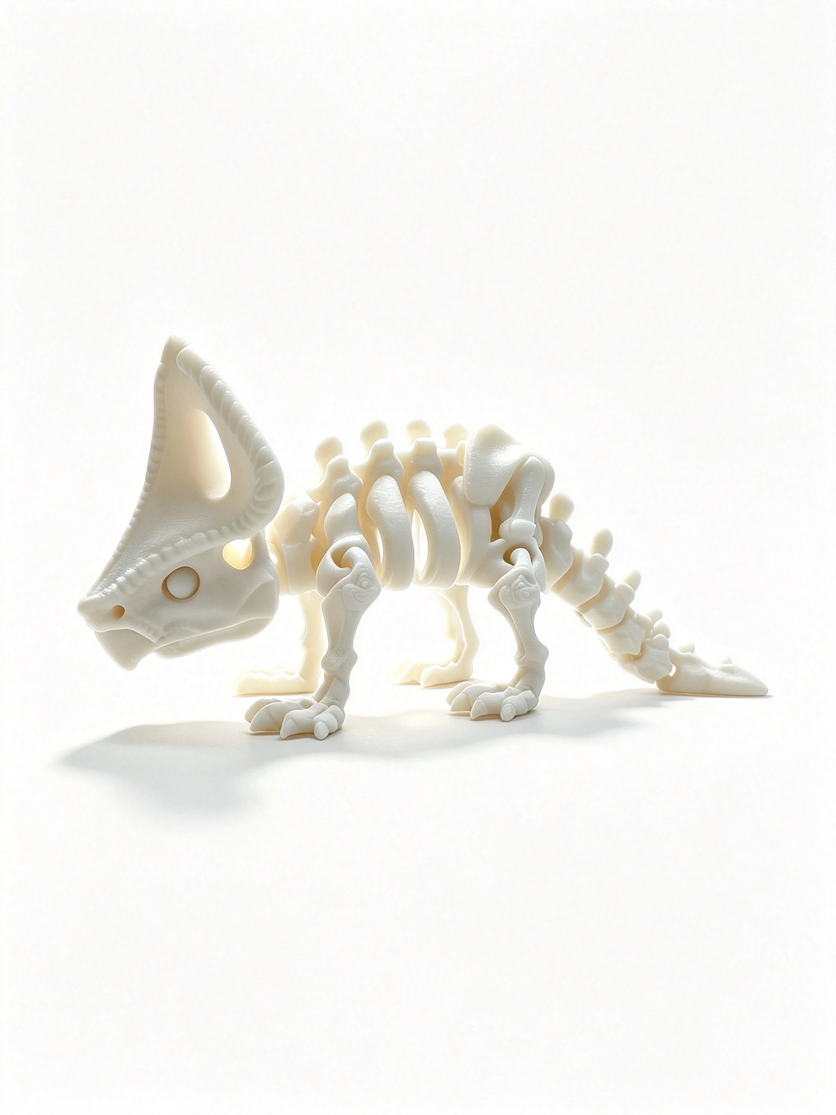 Triceratops skeleton side-on facing left, cream 3D print with jointed tail and four legs
