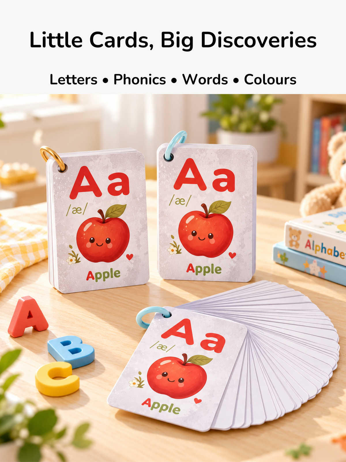 Alphabet and colour flash cards showing A for Apple, held on rings beside wooden letter toys