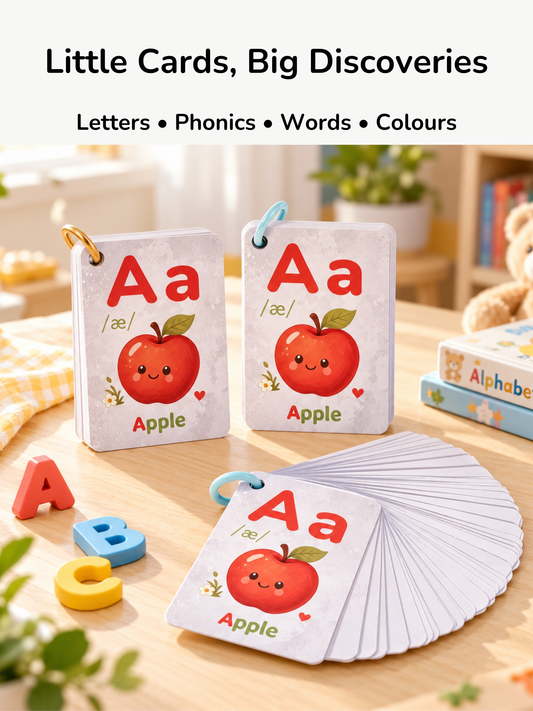 Alphabet and colour flash cards showing A for Apple, held on rings beside wooden letter toys